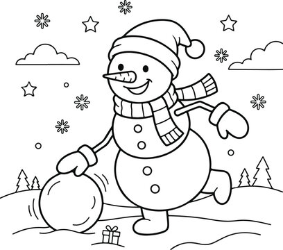 Cute snowman rolling a large snowball in a winter landscape