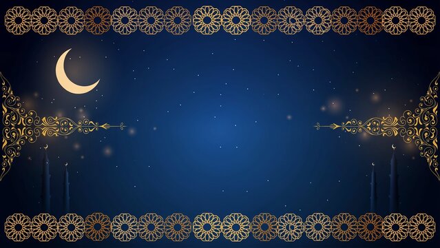 Decorative night sky with crescent moon and ornate golden border framing with golden intricate patterns
