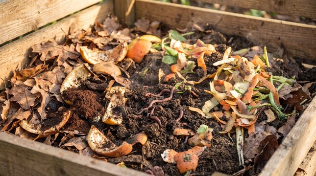 Organic food scraps and dry leaves decomposing in a wooden garden compost bin for soil enrichment