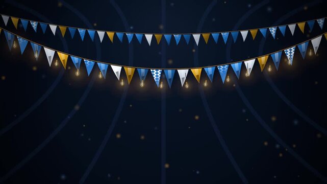 Festive celebration background inside a traditional festival tent featuring hanging blue, white, and gold bunting flags with glowing light bulbs and subtle aurora light effects at night.