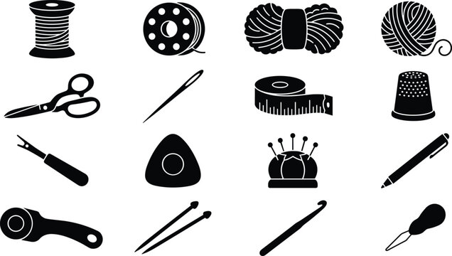 Sewing and Knitting Tools Icon Collection with Thread Spools, Yarn, Scissors, Needles, Measuring Tape, Thimble and Craft Accessories