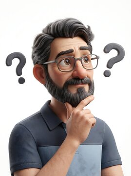 3D cartoon man with glasses thinking with question marks on white background