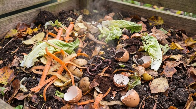 Organic food scraps decomposing in a wooden compost bin with steam rising from soil