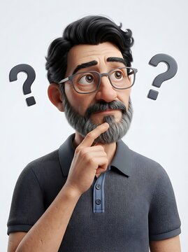 3D cartoon man with glasses thinking with question marks on white background