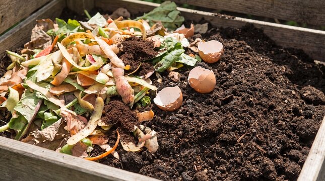 Organic food scraps and eggshells in a wooden compost bin for sustainable waste recycling
