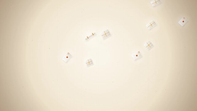 A ghostly caravan of floating mail envelopes, gift boxes, and vintage scrolls streaming across a parchment background, representing a magical delivery service and mystical postal system.