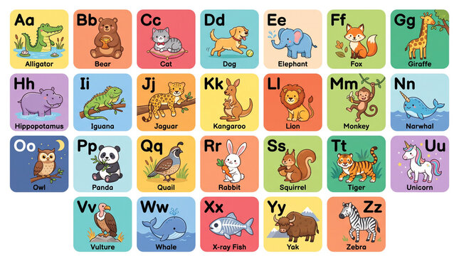 Preschool Alphabet Flashcards with Animals Fruits and Vegetables Colorful Learning Flashcard Grid