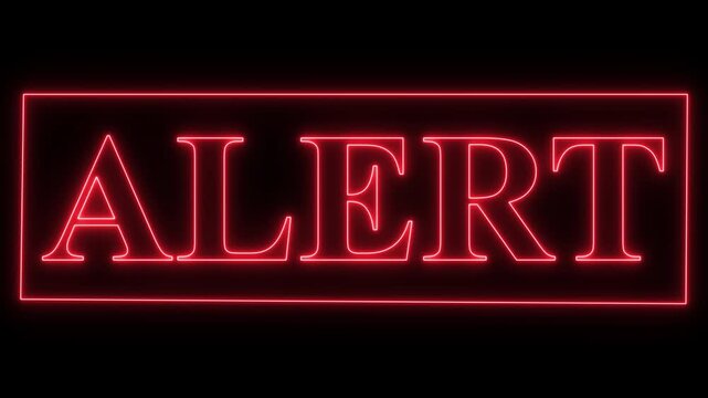Red Neon Alert Sign Animation with Flickering Glow and ALERT Text Inside Luminous Neon Box on Dark Background. Flashing Warning Message Motion Graphic for Digital, Technology, Security