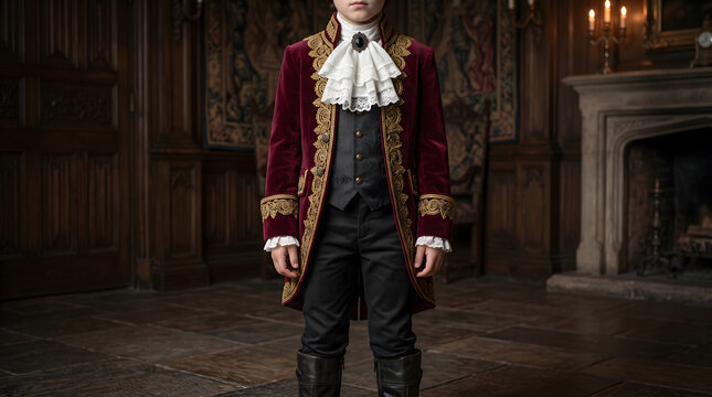 Child wearing an ornate burgundy velvet vampire costume with gold embroidery and lace cravat standing in a gothic manor room