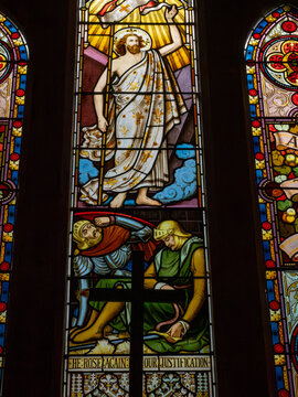 27th September 2026, Embleton, Cumbria. This stained glass window depicts the resurrection of Jesus Christ, with soldiers guarding the tomb below, symbolizing faith and divine triumph.