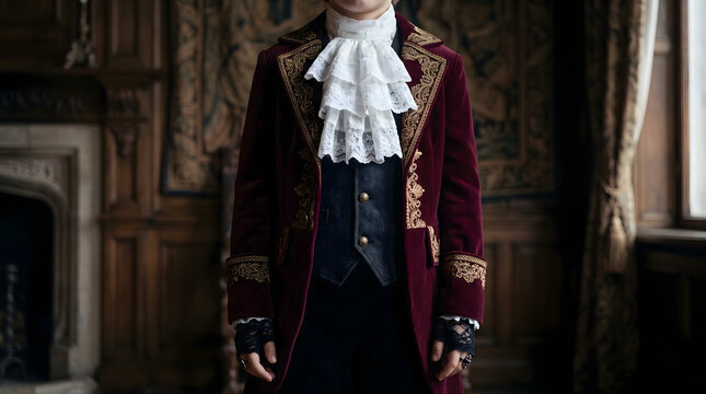 Child wearing an ornate burgundy velvet vampire costume with gold embroidery and lace cravat standing in a gothic manor room