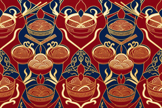Exclusive National Noodle Day Seamless Pattern, Luxurious Ramen and Pasta Culinary Art Background
