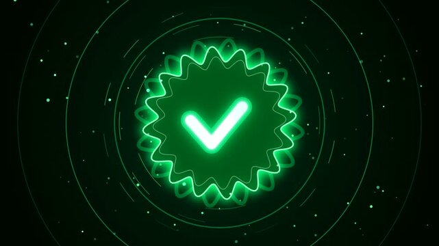 Neon Green Glowing Verified Badge with Checkmark on Tech HUD Background