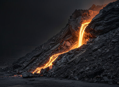 Molten slag pouring down a heap, surfaces showing honest wear and use, moody low-key light with a single highlight