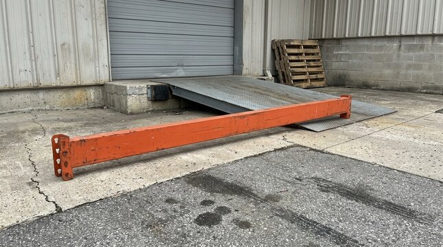 Pallet Rack Beam Resting near a Loading Dock Ramp &ndash; Warehouse Shipping & Receiving Dock Logistics Stock Photo