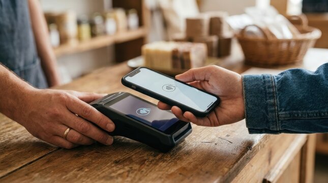 local retailer digital payment closeup Contactless mobile payment at a retail counter with digital card reader
