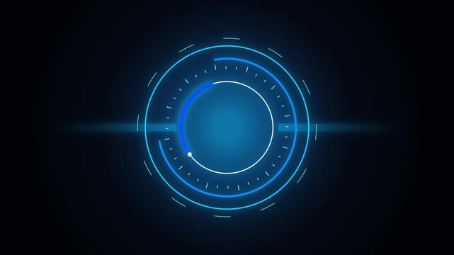 Futuristic hud loading circle animation, digital tech interface glowing blue circular progress bar for ui and data visualization