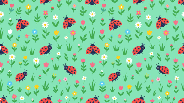 Adorable ladybug seamless pattern with cute red ladybugs, tiny wildflowers, and green grass vector illustration on light green background.