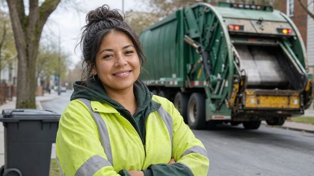 Female sanitation worker with the garbage truck in the background.