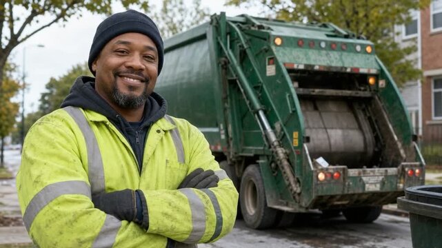Sanitation worker with the garbage truck in the background.
