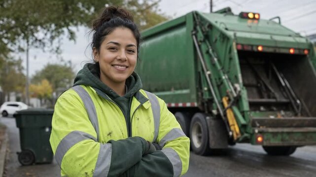 Female sanitation worker with the garbage truck in the background.