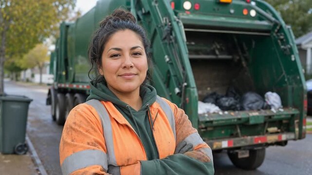 Female sanitation worker with the garbage truck in the background.