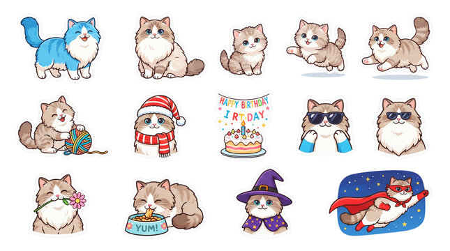 Fluffy Ragamuffin Cat Character Vector Set 14 Poses and Holiday Themes Isolated on Transparent Background PNG