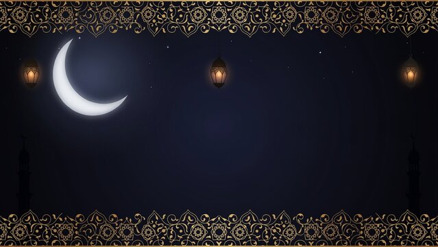 Decorative border with crescent moon and hanging lanterns against night sky background with illuminated crescent