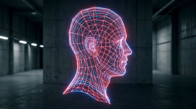 Futuristic Glowing Wireframe Human Head Model in Industrial Interior Space