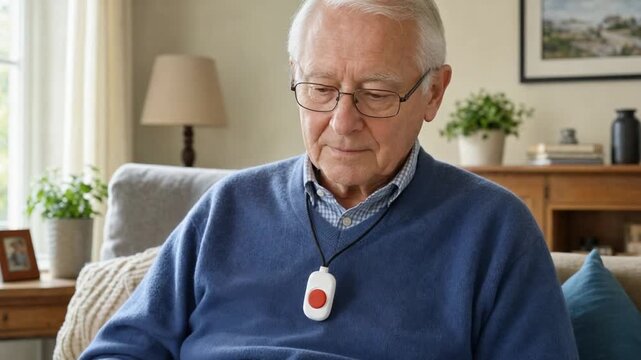 Senior person with SOS pendant or medical alert pendant.