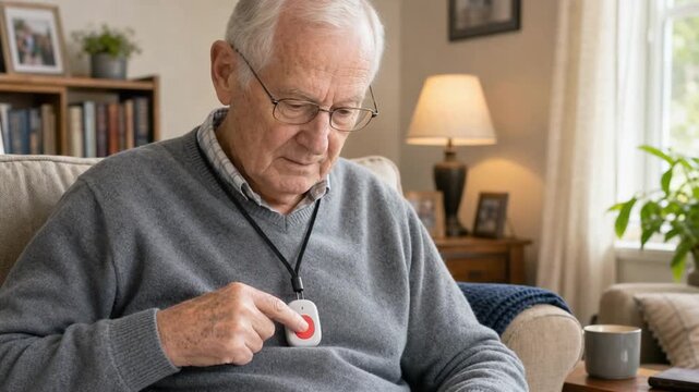 Senior person with SOS pendant or medical alert pendant.