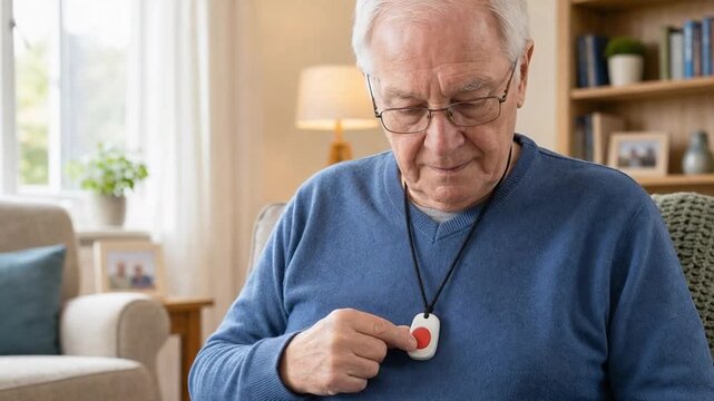 Senior person with SOS pendant or medical alert pendant.