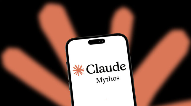 the Claude Mythos logo is displayed on a smartphone screen.