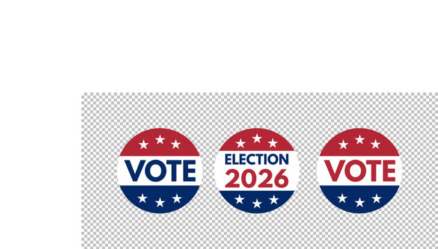 vote 2026 blue red banner, midterm election day poster template, political campaign sticker badge