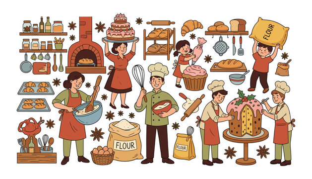 Bakery elements and happy chefs baking together vector illustration set. Bread oven, flour bags, cakes, croissants, kitchen utensils and pastry workshop characters.