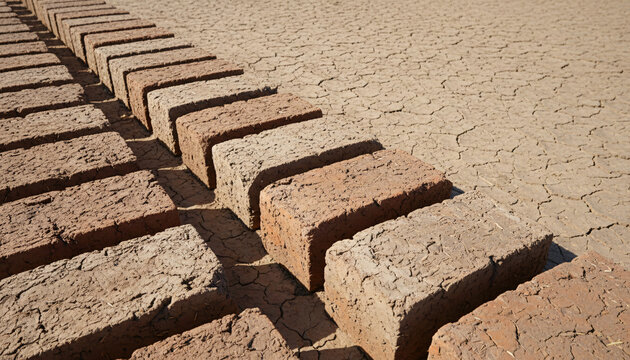 Mud bricks drying in rows under the sun, surfaces showing honest wear and use, cool even overhead lighting