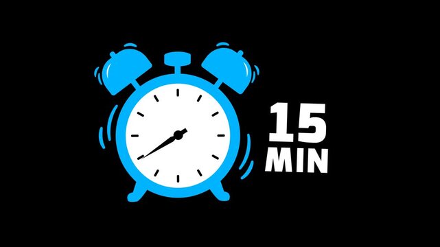 15 min timer animation on transparent background with alpha channel. Timer, clock, alarm clock icon with 15 minute timer animation video. 15 minutes clock. 4k video