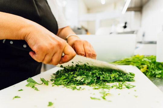 Fresh Herbs Being Prepared in a Commercial Kitchen