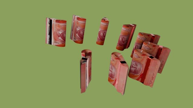 3D looping motion graphic of Barbados 50 BBD banknote stacks rotating smoothly, chroma key green background. Ideal for banking apps ad.