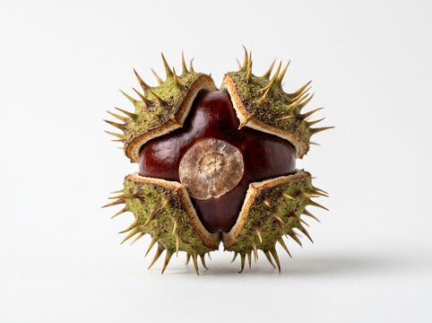 Prickly green horse chestnut shell opening to reveal shiny brown nut.