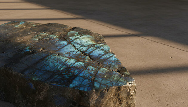 A labradorite surface flashing blue, surfaces showing honest wear and use, warm low-angle light with long shadows