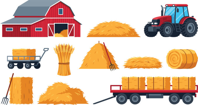 Agriculture farm and hay harvest vector illustration set. Red barn, tractor, straw bales, pitchfork, wheat sheaf, transport trailer, and countryside farming elements.