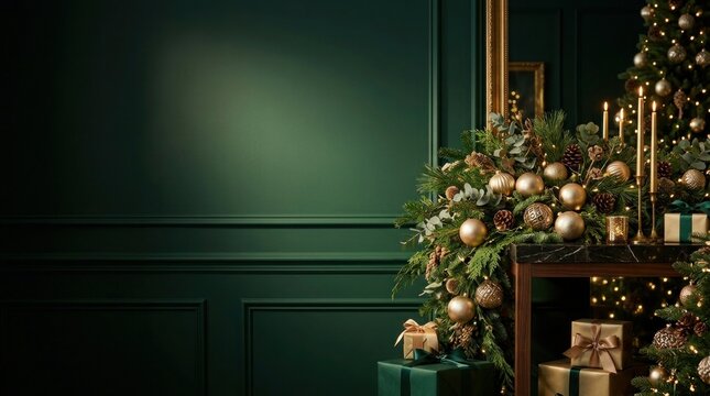 Elegant christmas decorations with gold baubles and gifts on a table against a dark green wall