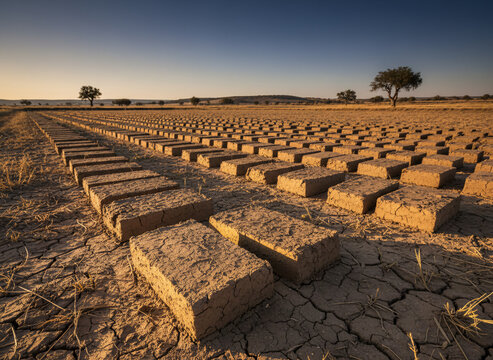 Mud bricks drying in rows under the sun, surfaces showing honest wear and use, moody low-key light with a single highlight