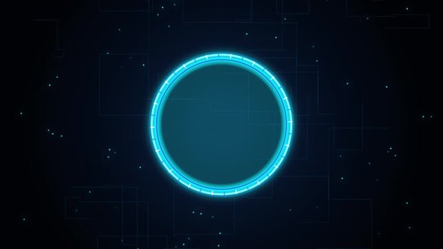 Neon blue hud circle interface with digital circuit background, motion