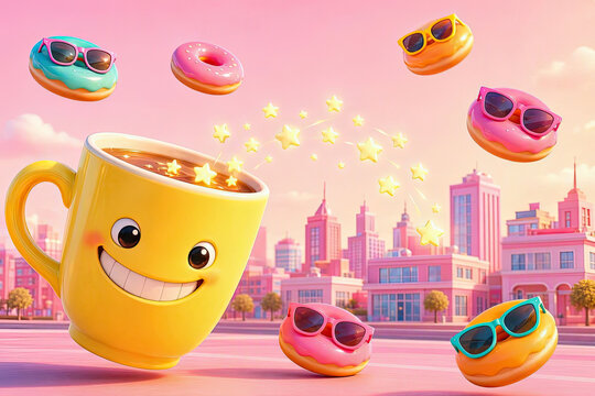 Surreal Pop Smiling Coffee Cup Spilling Giggling Stars in a Pastel Cityscape for World Smile Day