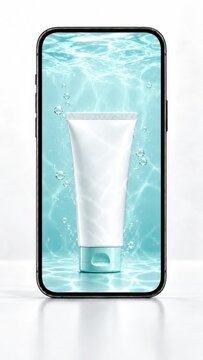 Blank Skincare Tube Surrounded by Aquamarine Water Inside a Smartphone Screen