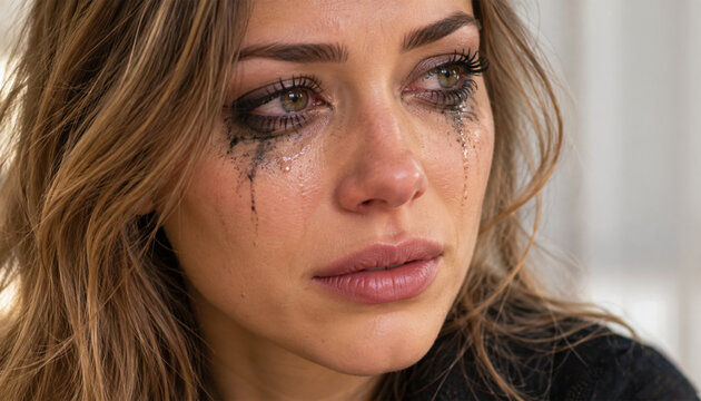 Crying young woman with tears and smudged mascara in emotional close-up portrait, sadness, heartbreak, grief and mental health concept