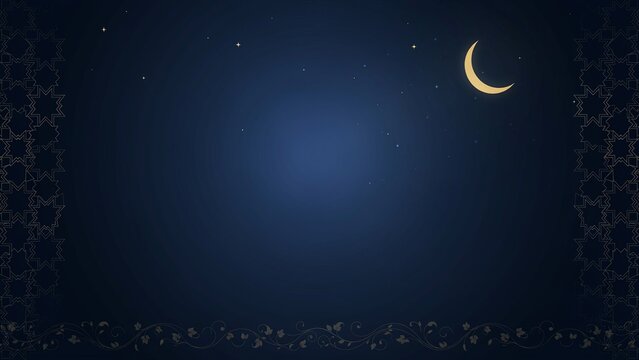 Night sky with crescent moon and stars framed by intricate decorative border with background ornate border