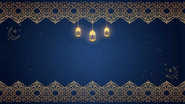 Decorative lanterns hanging under intricate gold border against night sky with crescent moon